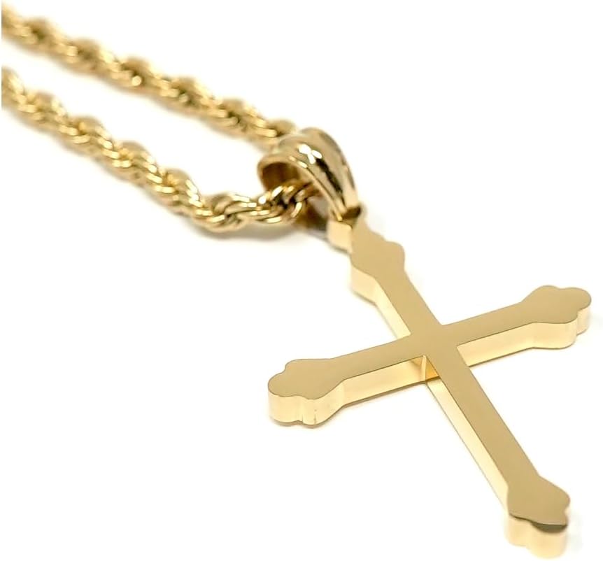 Budded Cross Necklace – 3mm Rope Chain – 14K Gold