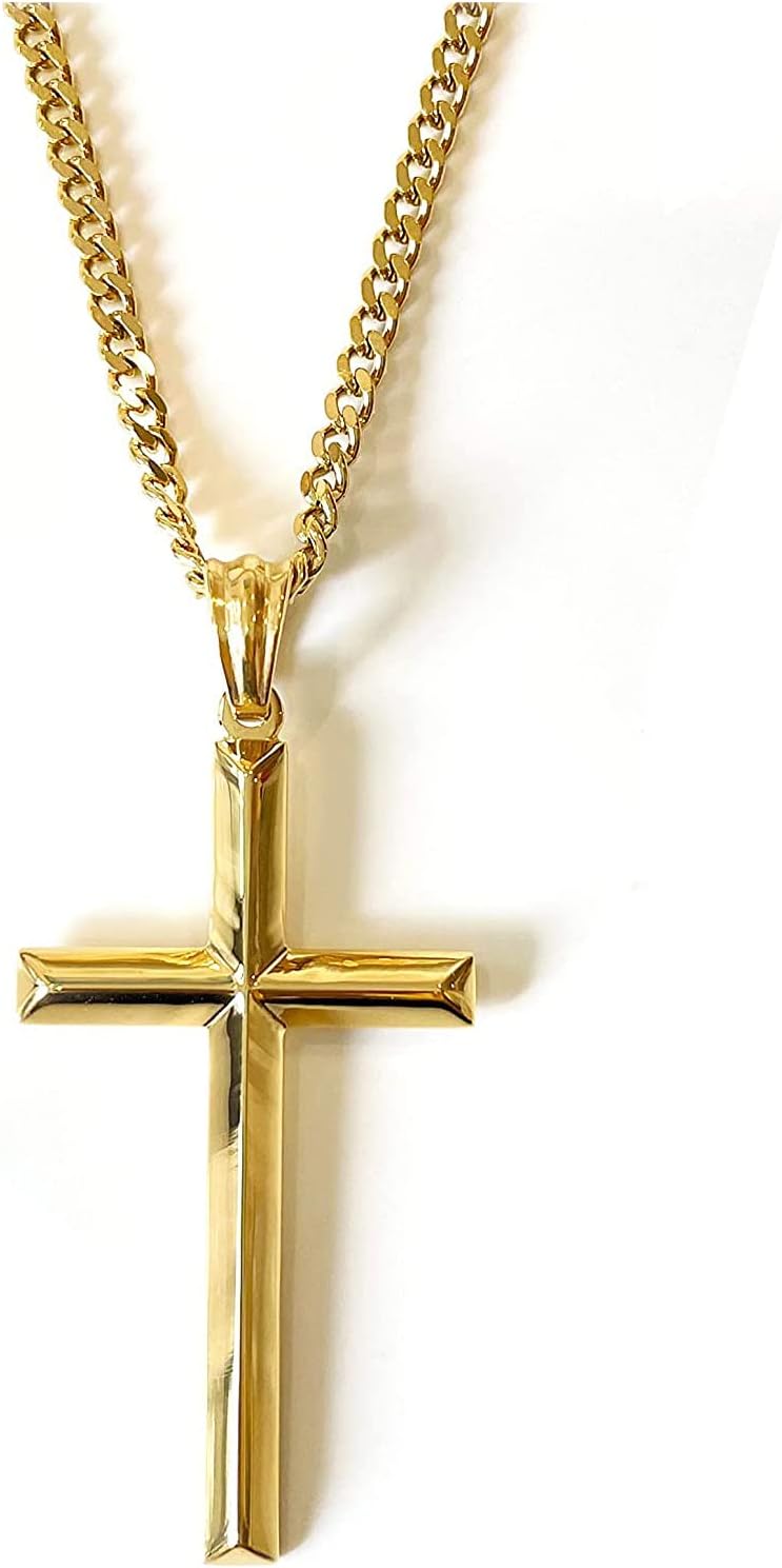 Small Beveled Cross Necklace – 3mm Cuban Chain – 14K Gold