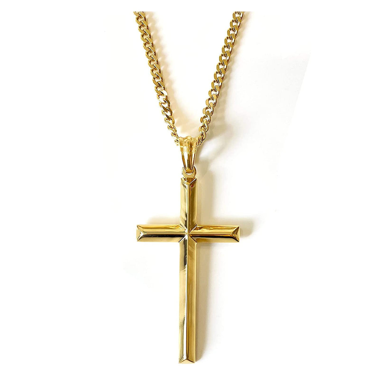 Small Beveled Cross Necklace – 3mm Cuban Chain – 24K Gold