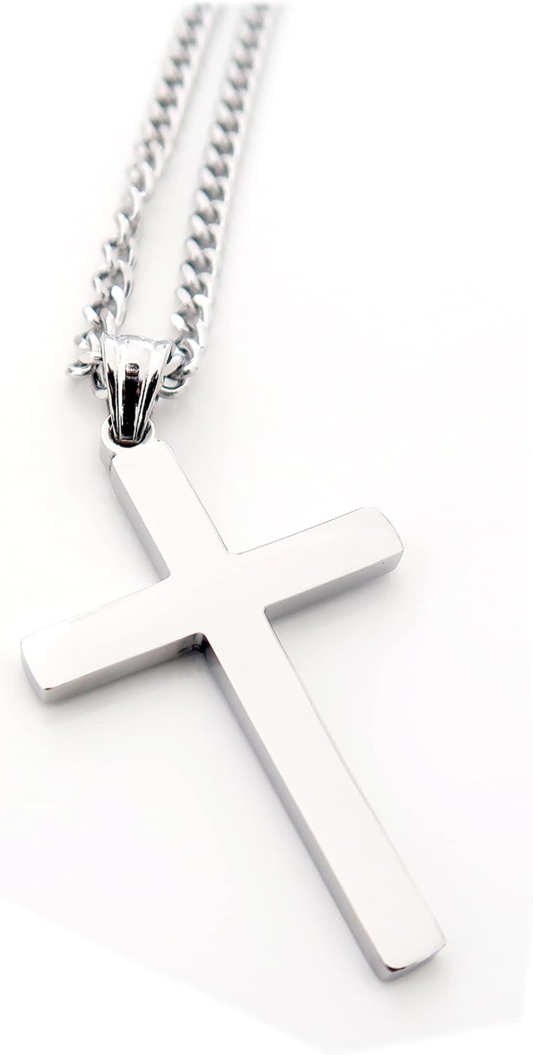Flat Cross Necklace – 3mm Cuban Chain – Sterling Silver