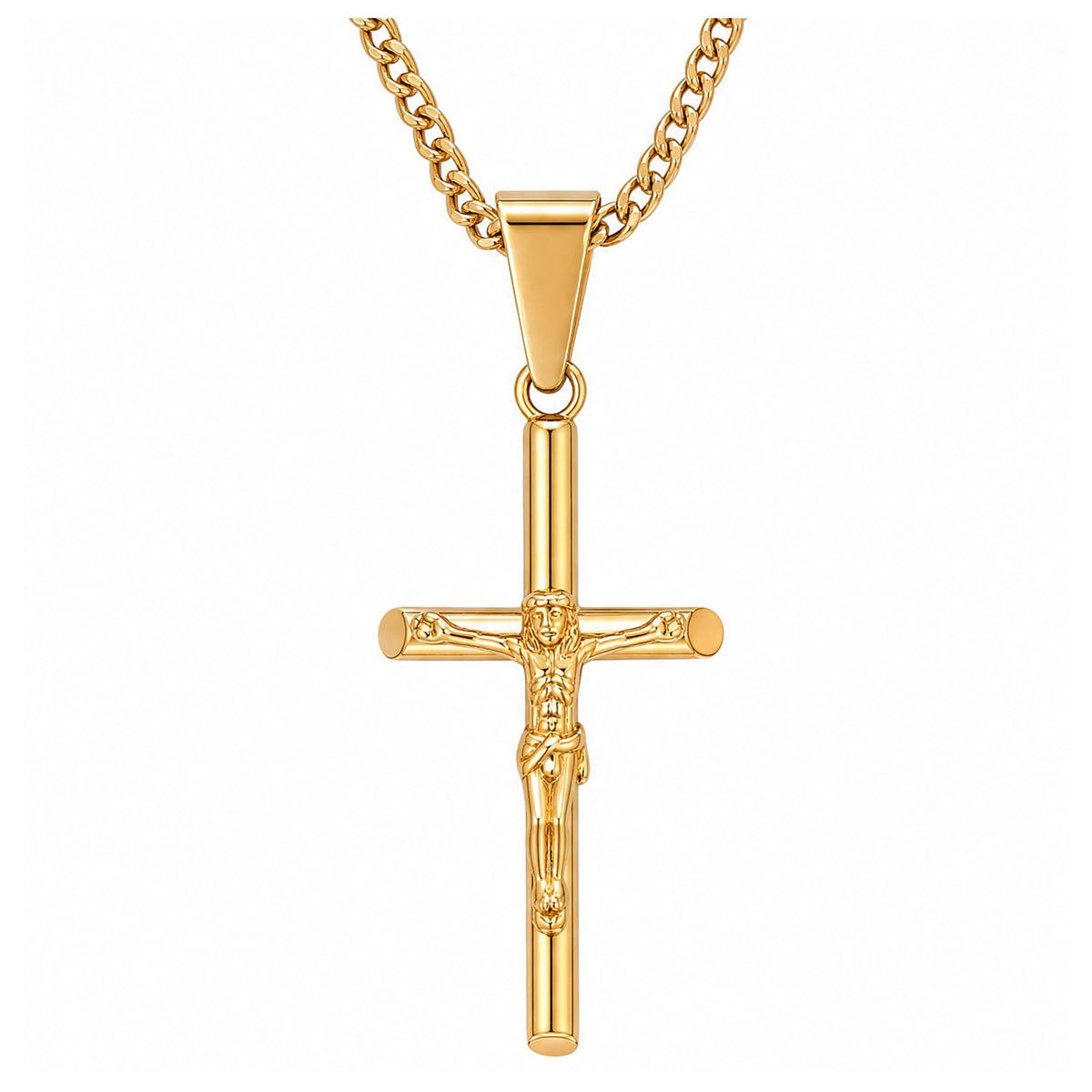 Crucifix Necklace – 3mm Cuban Chain – 14K Gold