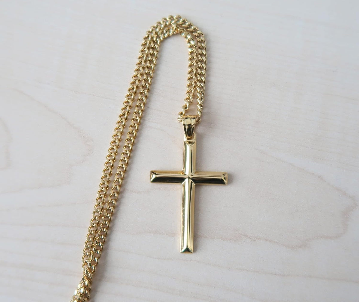 Small Beveled Cross Necklace – 3mm Cuban Chain – 18K Gold