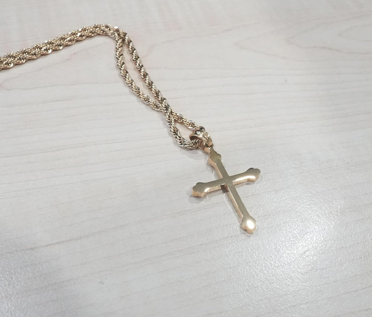 Budded Cross Necklace – 3mm Rope Chain – 14K Gold