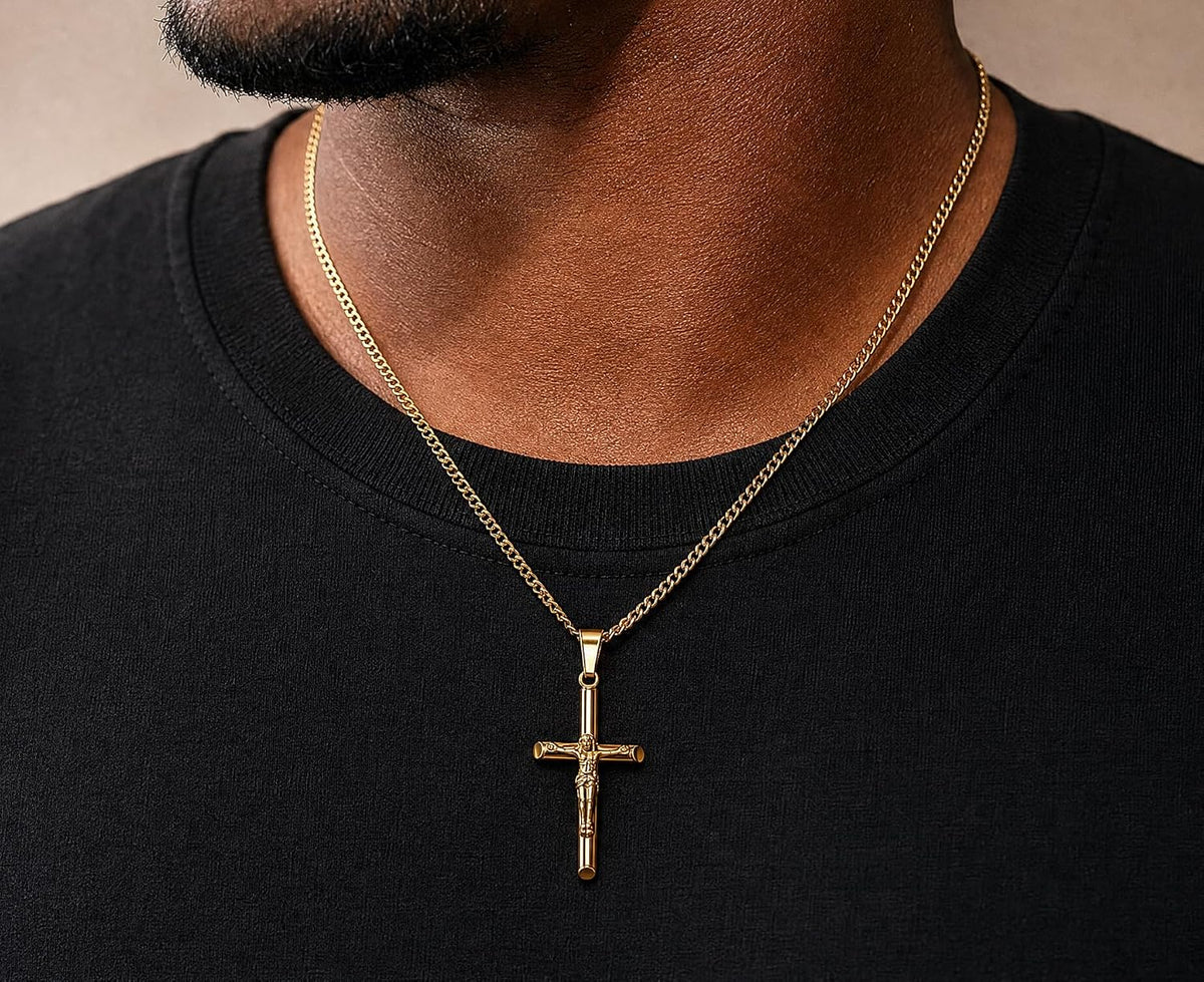 Crucifix Necklace – 3mm Cuban Chain – 14K Gold