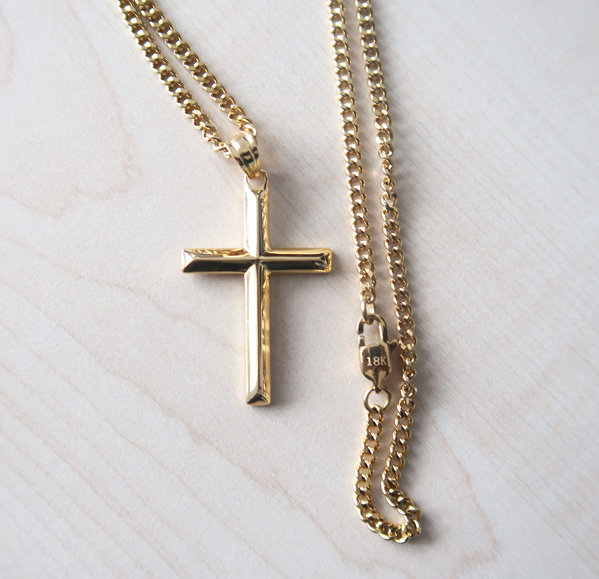 Small Beveled Cross Necklace – 3mm Cuban Chain – 18K Gold
