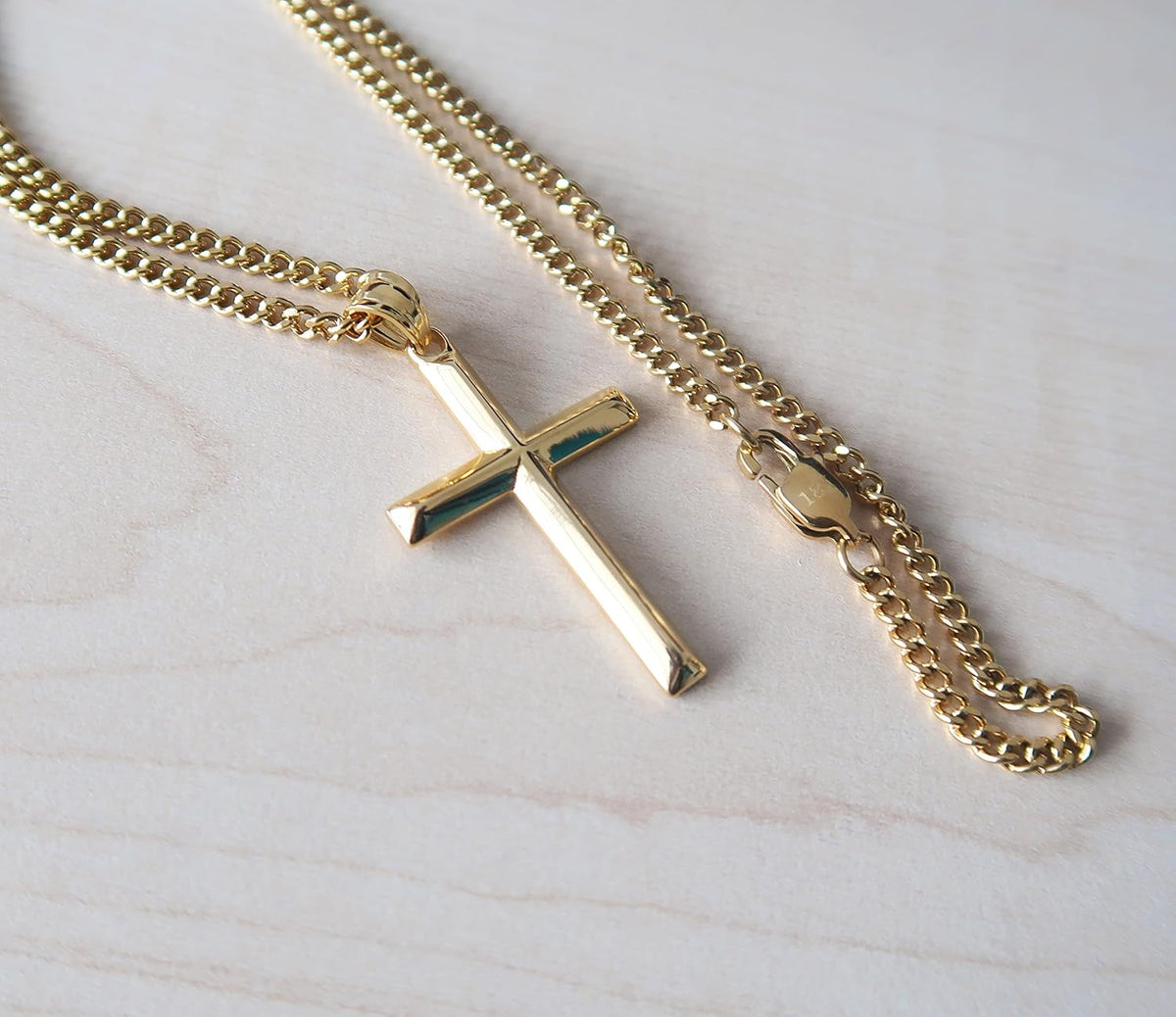 Small Beveled Cross Necklace – 3mm Cuban Chain – 18K Gold