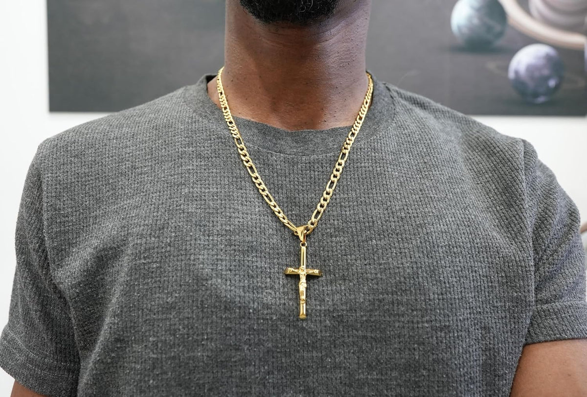 Small Crucifix Necklace – 5mm Figaro Chain – 18K Gold