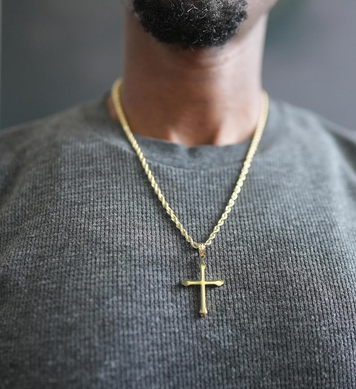 Budded Cross Necklace – 3mm Rope Chain – 18K Gold