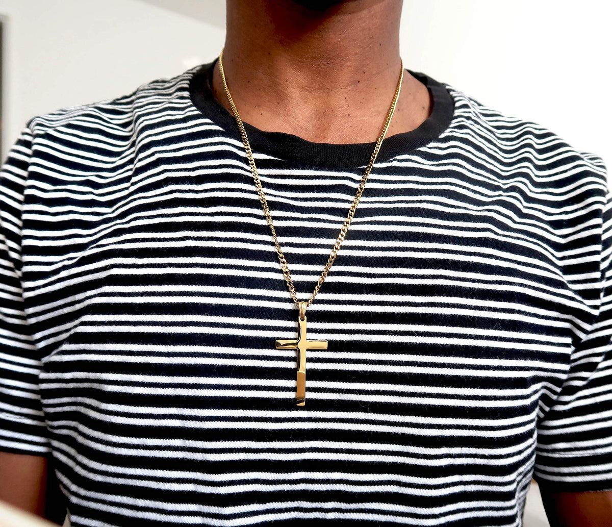 Large Flat Cross Necklace – Cuban Chain – 18K Gold