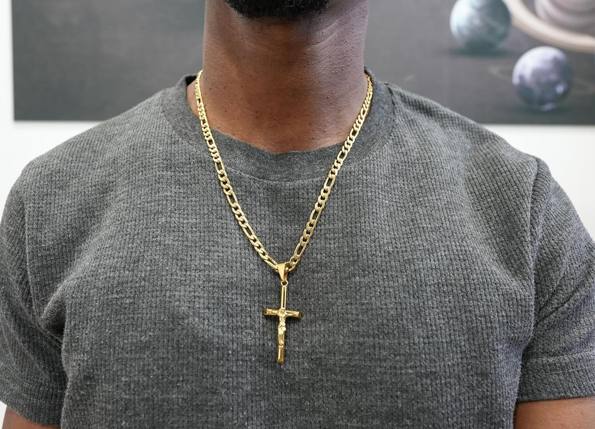 Small Crucifix Necklace – 5mm Figaro Chain – 18K Gold