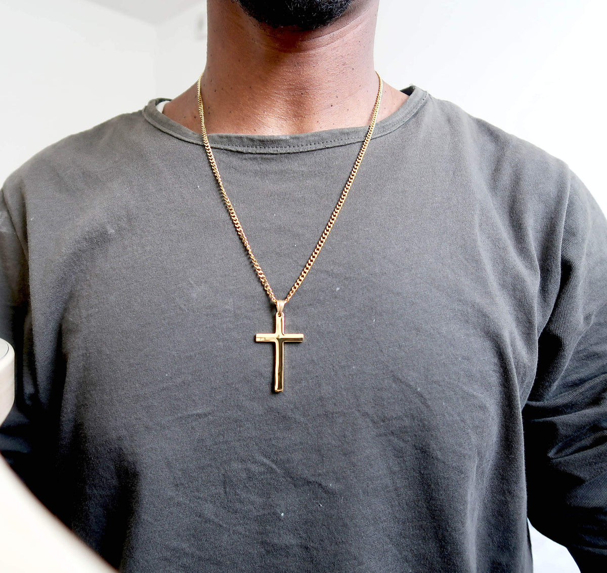 Large Flat Cross Necklace – Cuban Chain – 18K Gold
