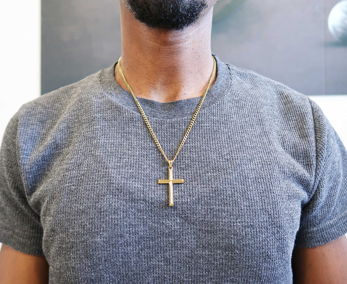 Small Beveled Cross Necklace – 3mm Cuban Chain – 14K Gold