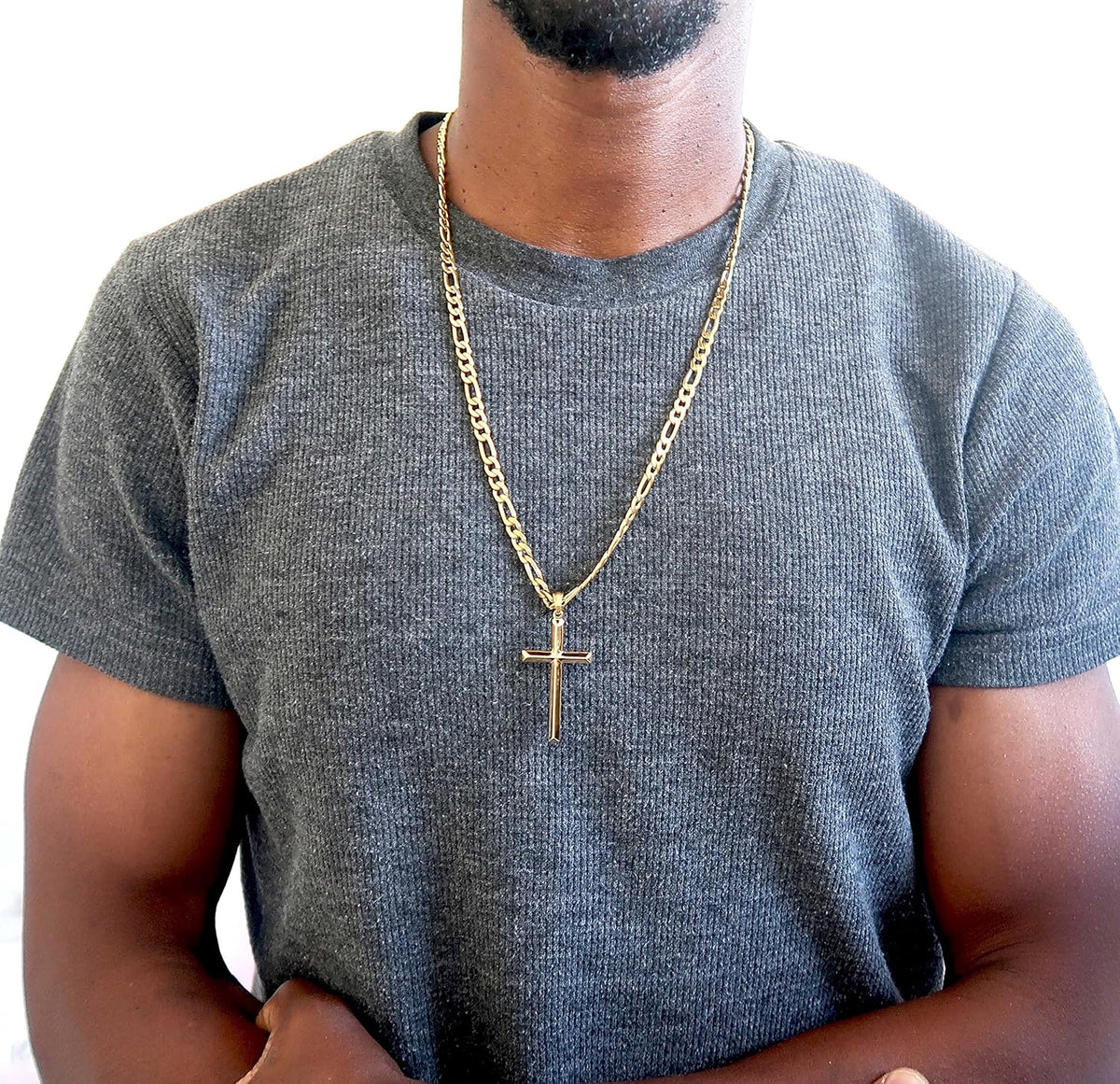 Beveled Cross Necklace – 5mm Figaro Chain – 18K Gold