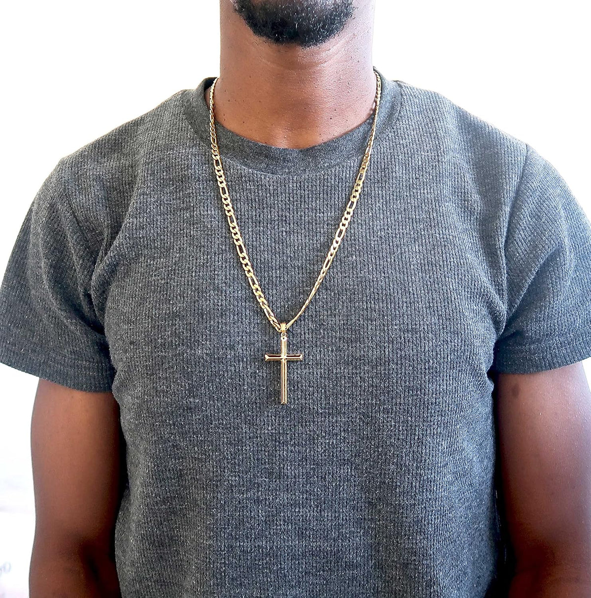 Beveled Cross Necklace – 5mm Figaro Chain – 18K Gold