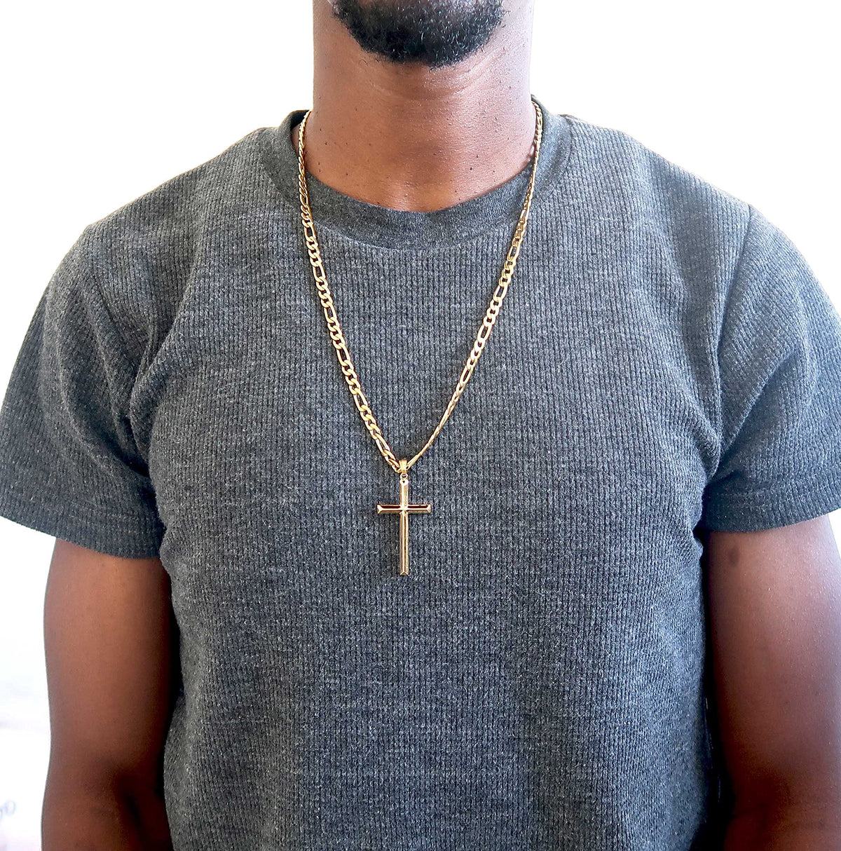 Beveled Cross Necklace – 5mm Figaro Chain – 18K Gold
