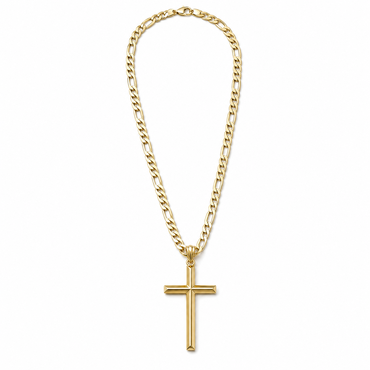 Beveled Cross Necklace – 5mm Figaro Chain – 18K Gold