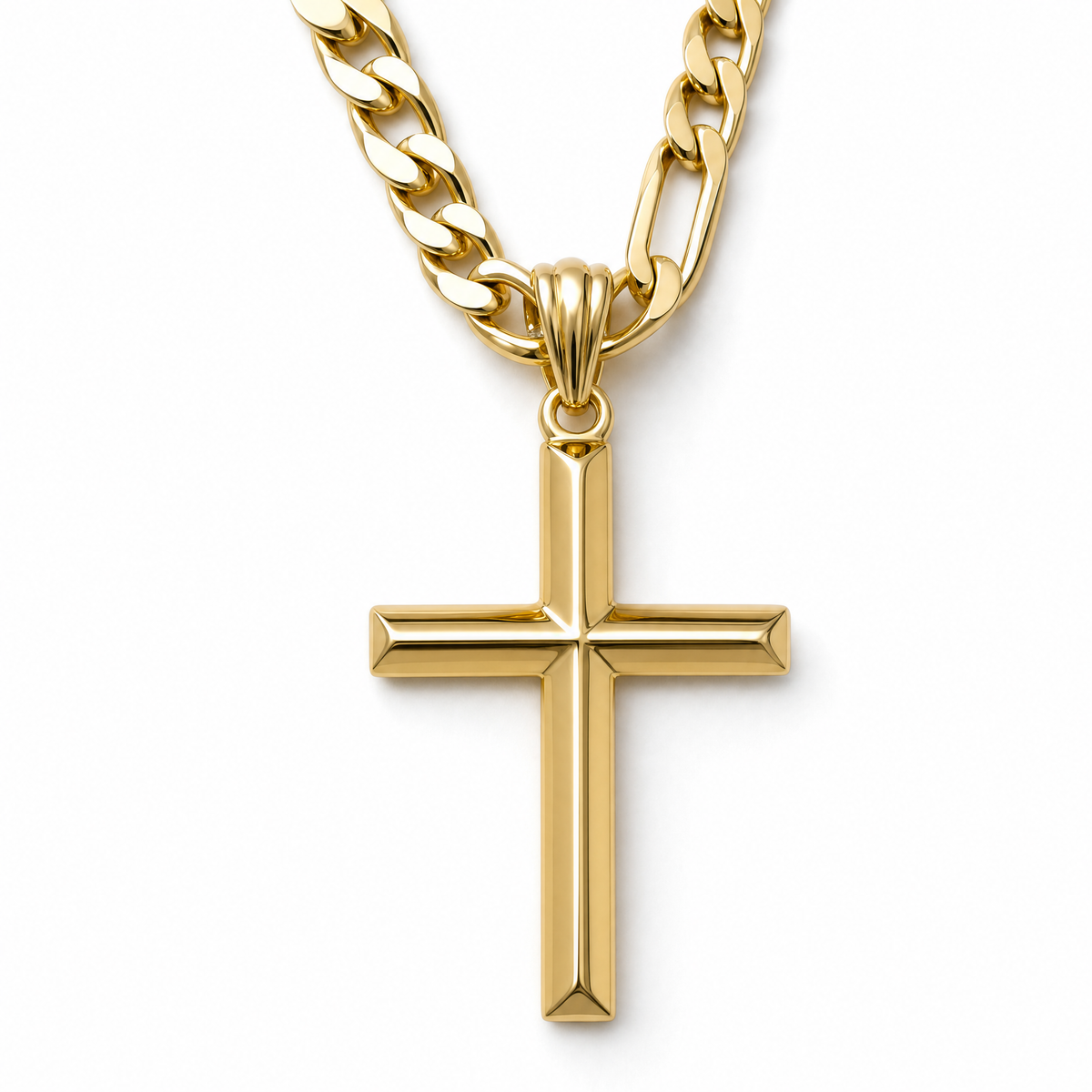 Beveled Cross Necklace – 5mm Figaro Chain – 18K Gold