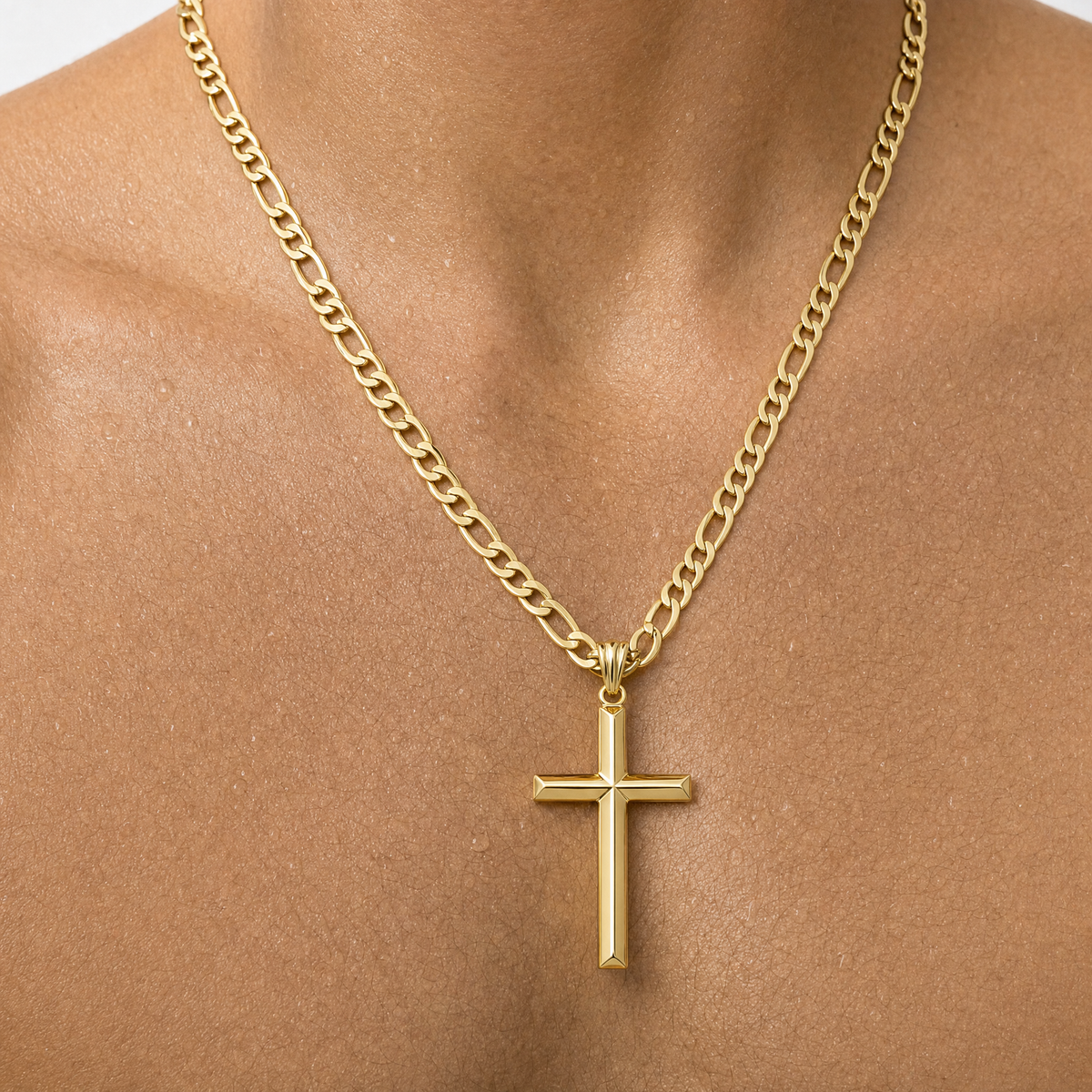 Beveled Cross Necklace – 5mm Figaro Chain – 18K Gold