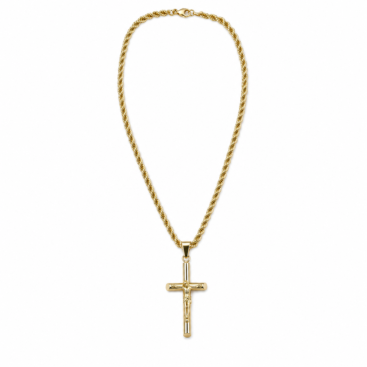 Crucifix Necklace – 3mm Rope Chain – 24K Gold
