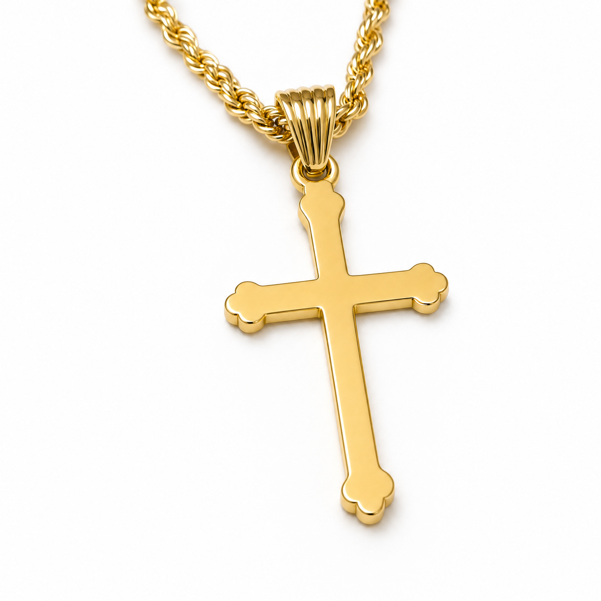 Budded Cross Necklace – 3mm Rope Chain – 14K Gold
