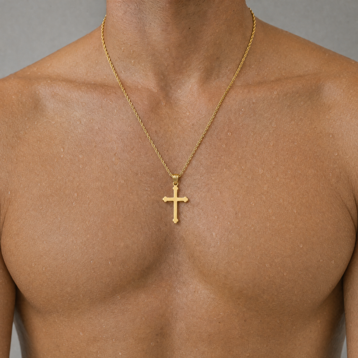 Budded Cross Necklace – 3mm Rope Chain – 18K Gold