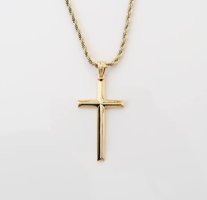 Beveled Cross Necklace – 3mm Rope Chain – 18K Gold