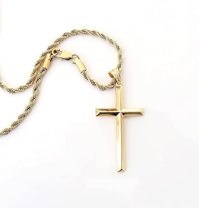 Beveled Cross Necklace – 3mm Rope Chain – 18K Gold