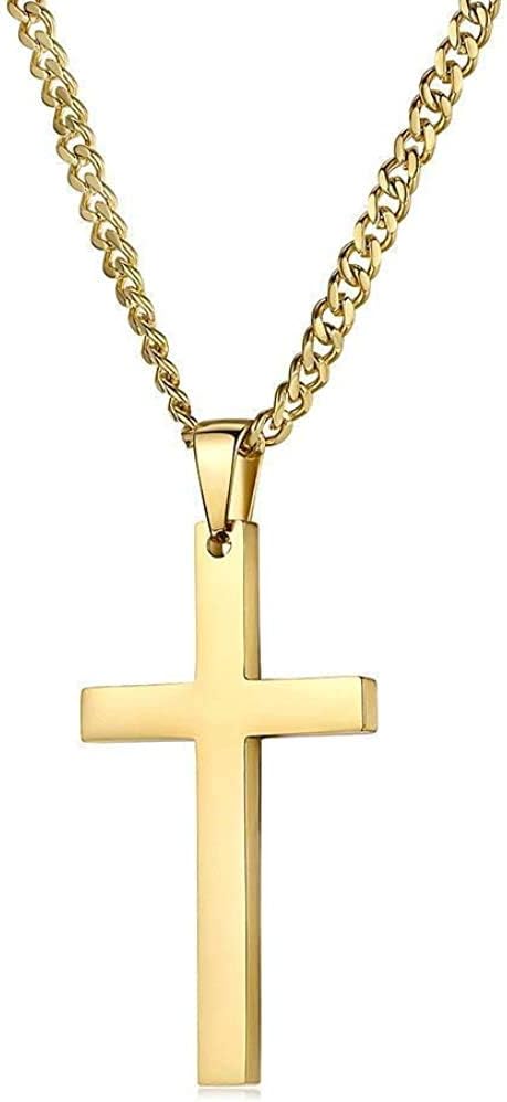 Large Flat Cross Necklace – Cuban Chain – 14K Gold
