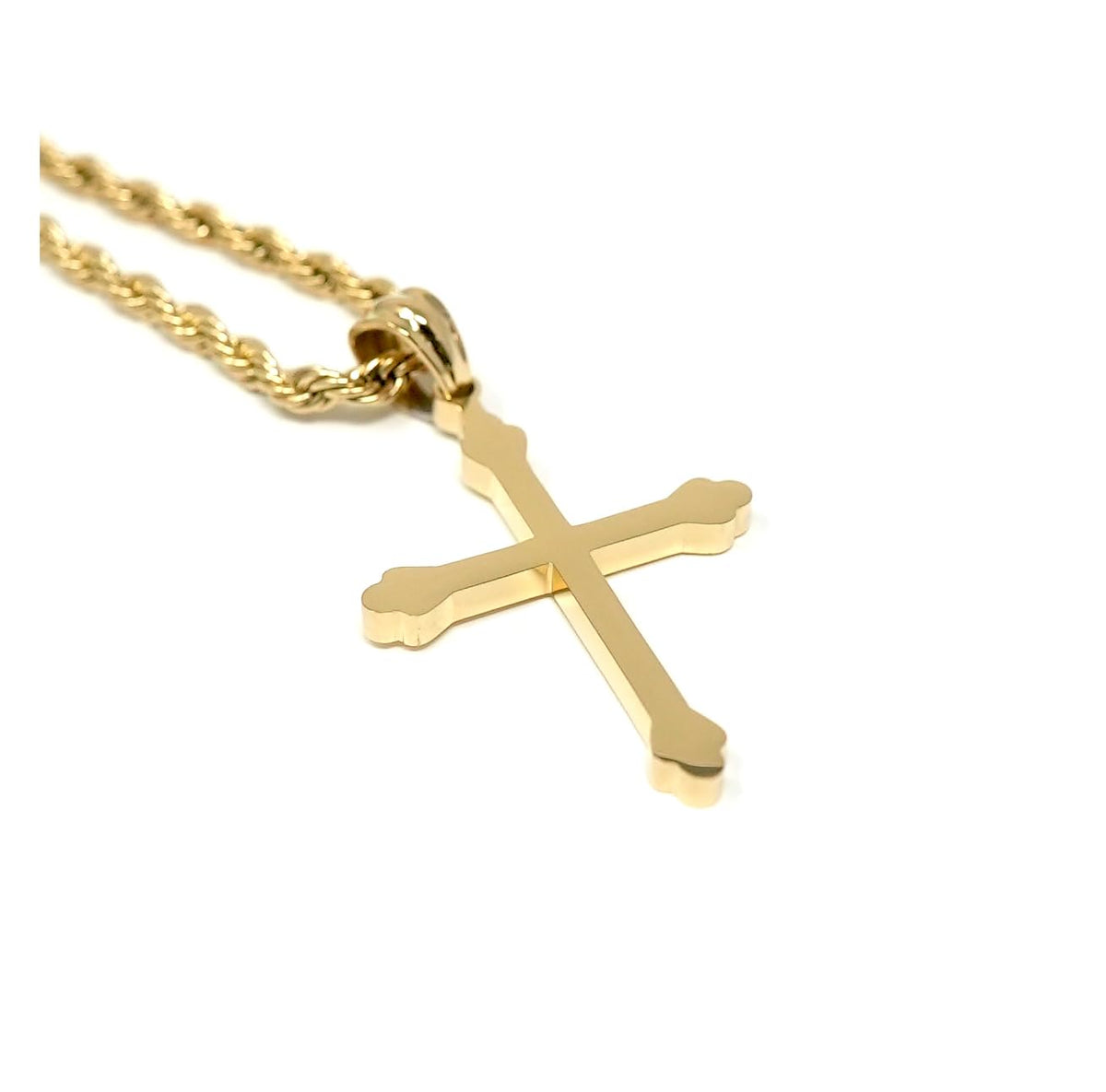 Budded Cross Necklace – 3mm Rope Chain – 14K Gold