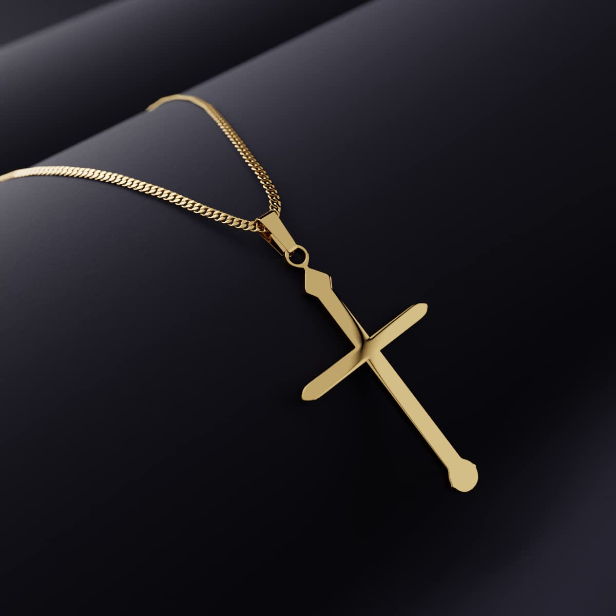 Small Budded Cross Necklace – 3mm Cuban Chain – 18K Gold