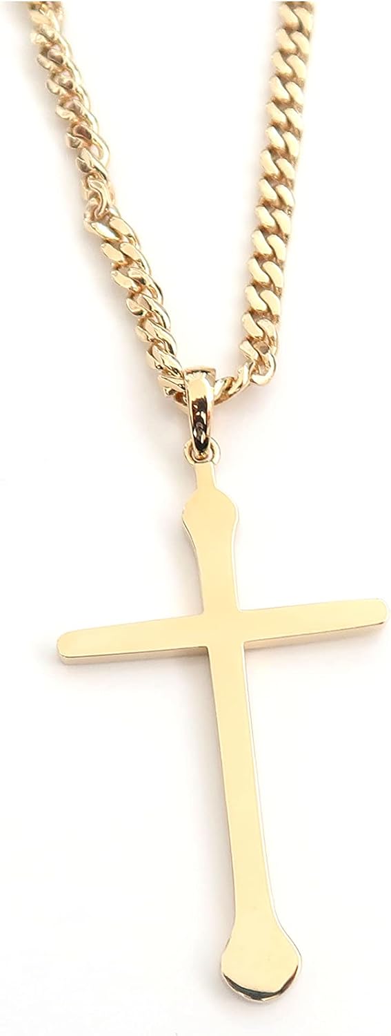 Small Budded Cross Necklace – 3mm Cuban Chain – 18K Gold