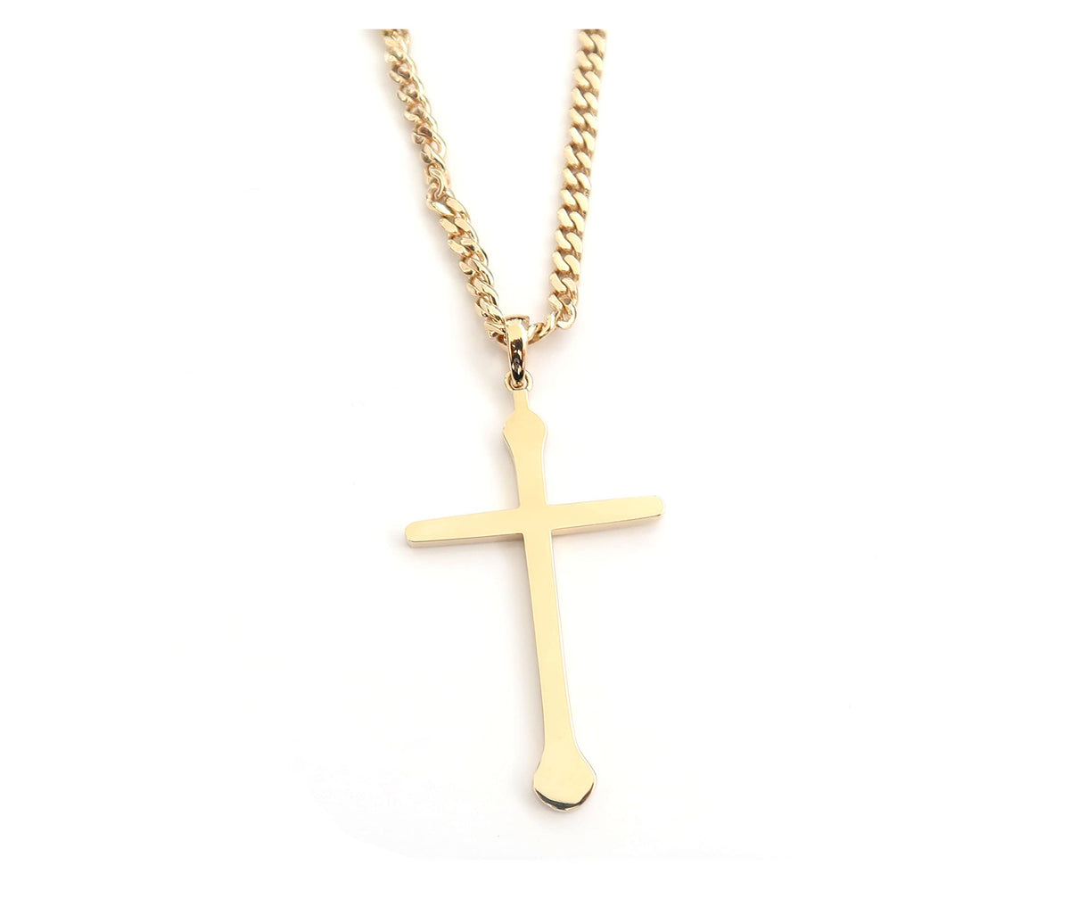 Small Budded Cross Necklace – 3mm Cuban Chain – 18K Gold