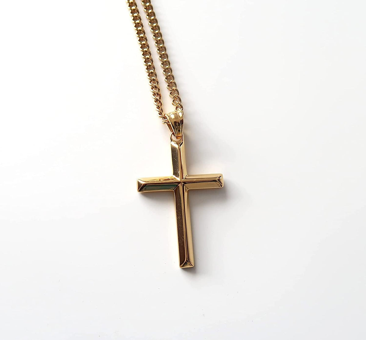 Small Beveled Cross Necklace – 3mm Cuban Chain – 24K Gold