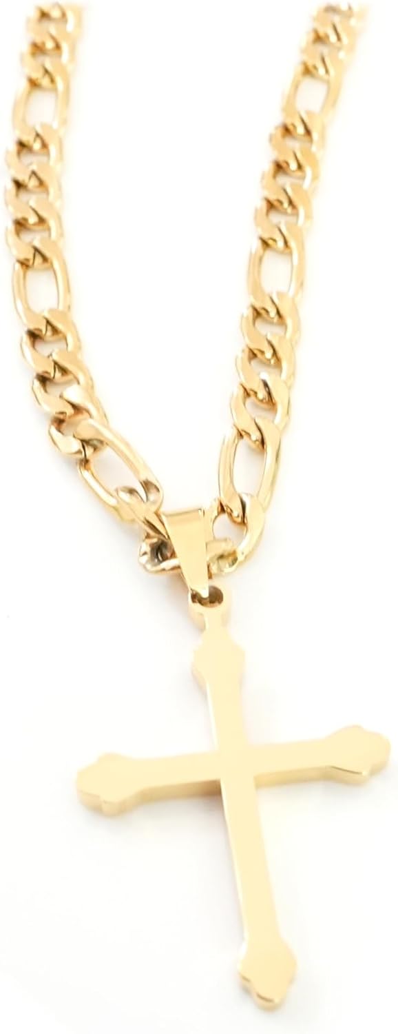Small Budded Cross Necklace – 5mm Figaro Chain – 18K Gold