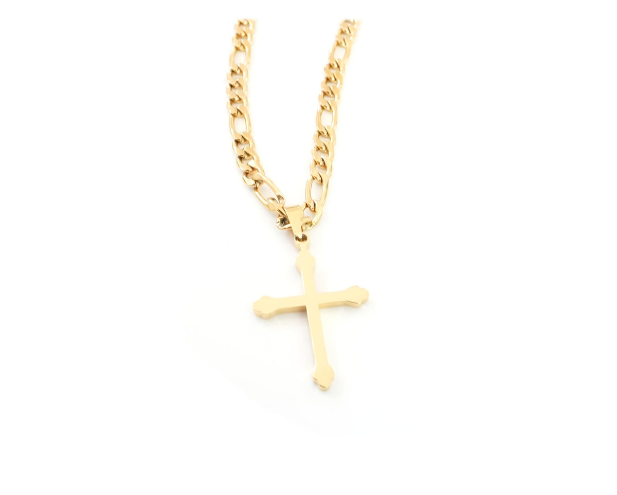 Small Budded Cross Necklace – 5mm Figaro Chain – 18K Gold