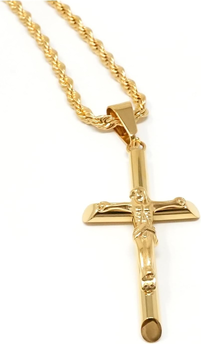 Crucifix Necklace – 3mm Rope Chain – 24K Gold