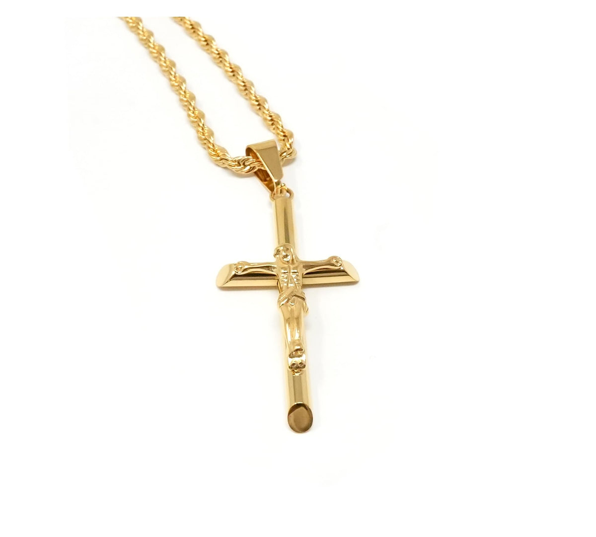 Crucifix Necklace – 3mm Rope Chain – 18K Gold