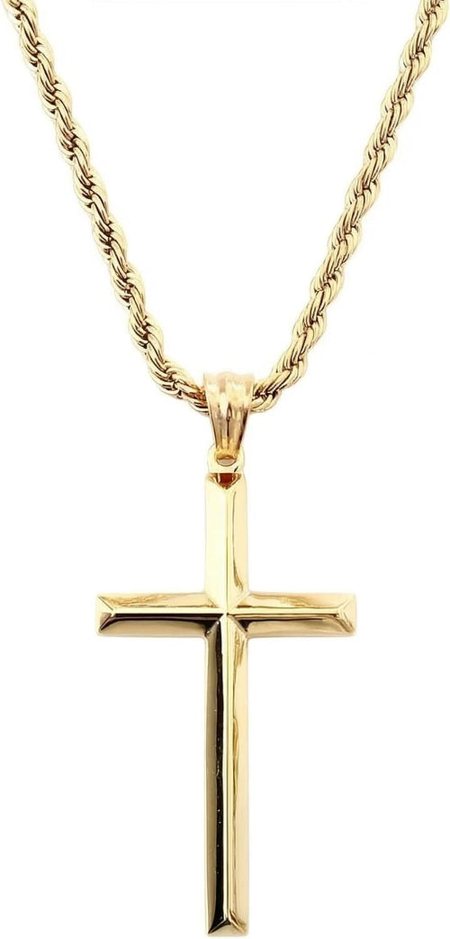 Beveled Cross Necklace – 3mm Rope Chain – 18K Gold
