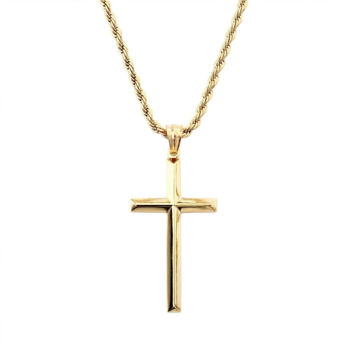Beveled Cross Necklace – 3mm Rope Chain – 18K Gold