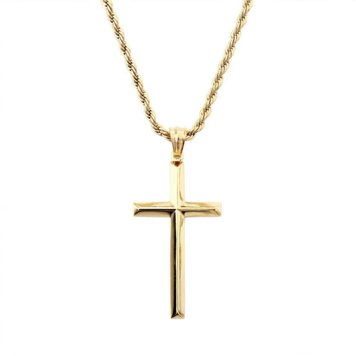 Beveled Cross Necklace – 3mm Rope Chain – 18K Gold