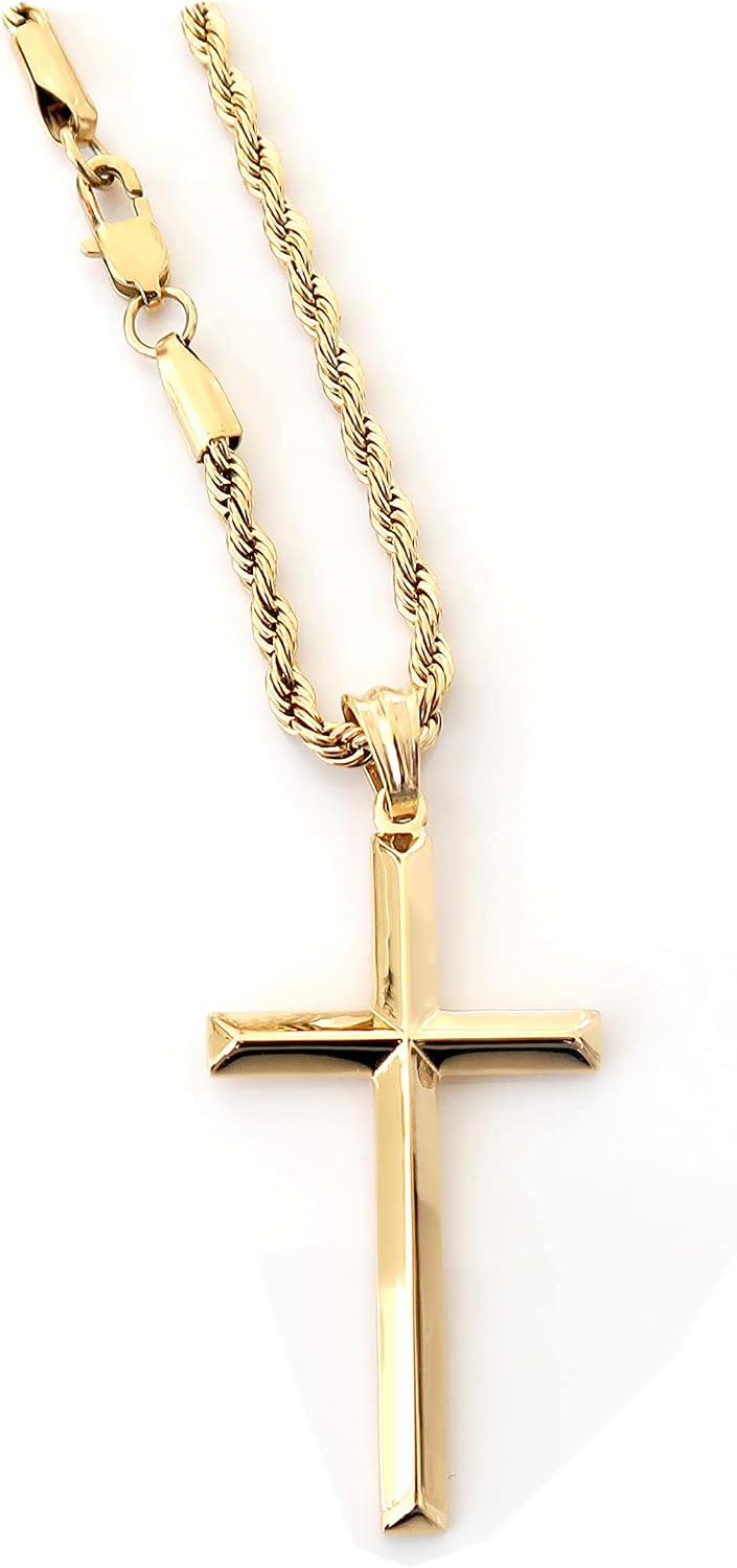 Beveled Cross Necklace – 3mm Rope Chain – 14K Gold
