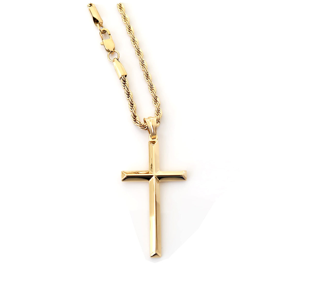 Beveled Cross Necklace – 3mm Rope Chain – 14K Gold