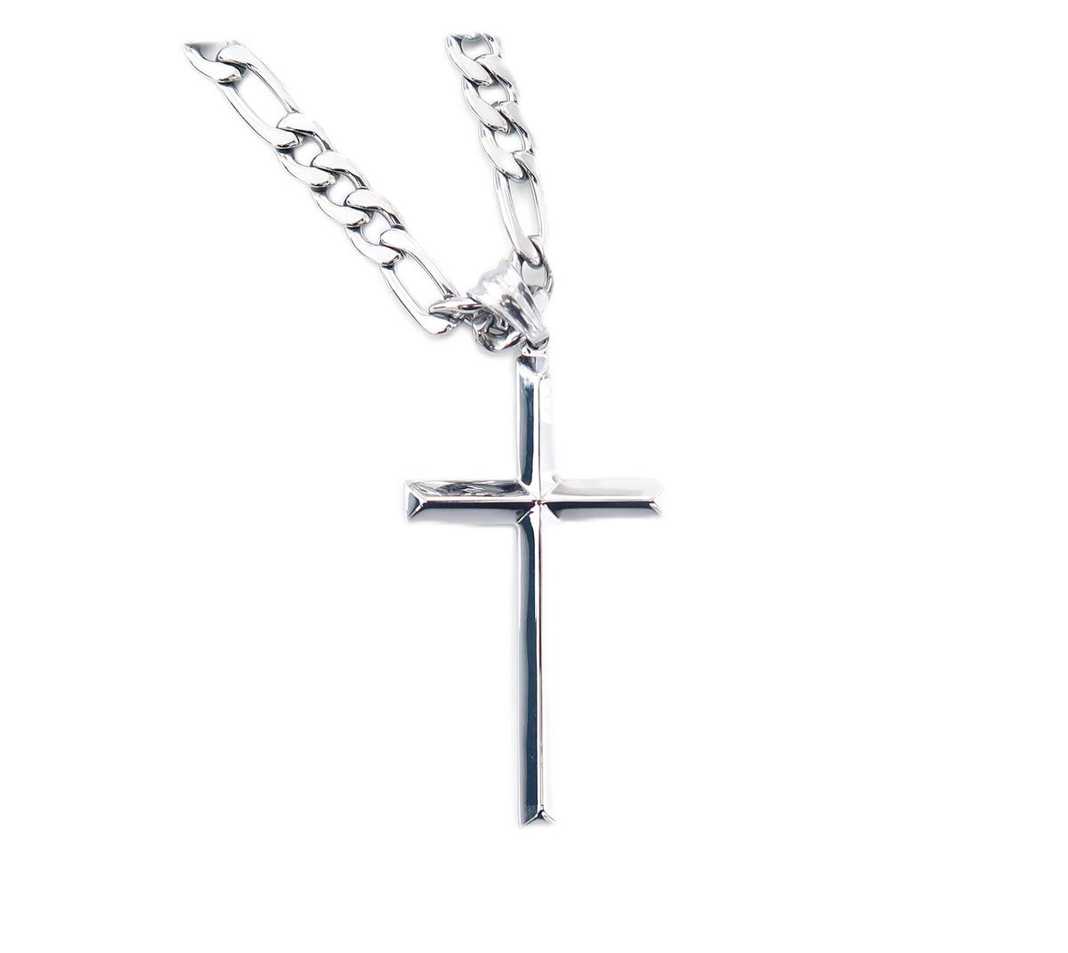 Beveled Cross Necklace – Figaro or Cuban Chain – 14K White Gold
