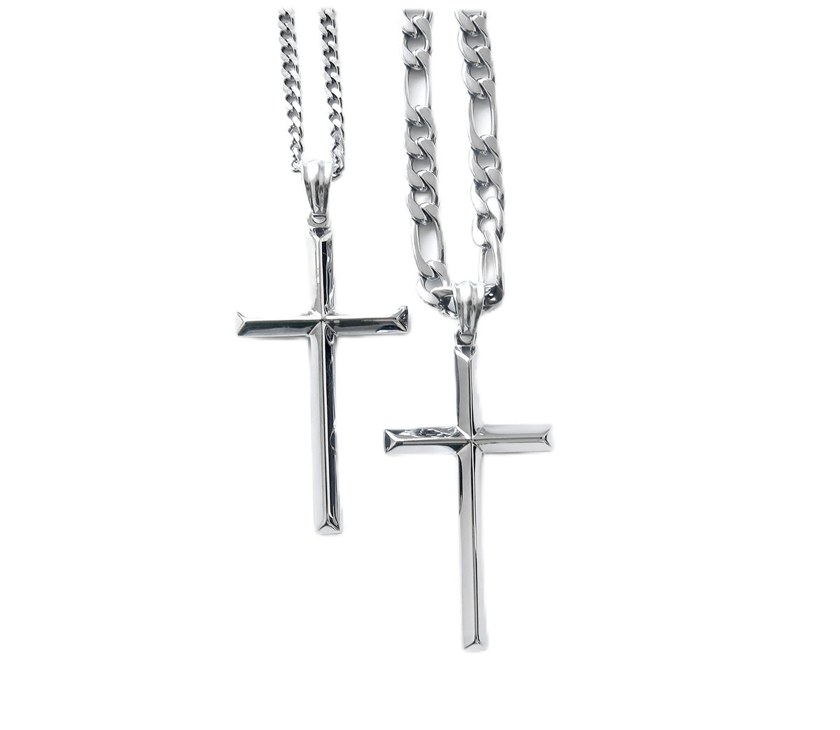 Beveled Cross Necklace – Figaro or Cuban Chain – 14K White Gold