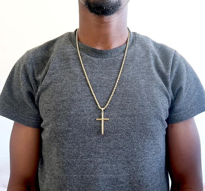 Beveled Cross Necklace – 3mm Rope Chain – 18K Gold