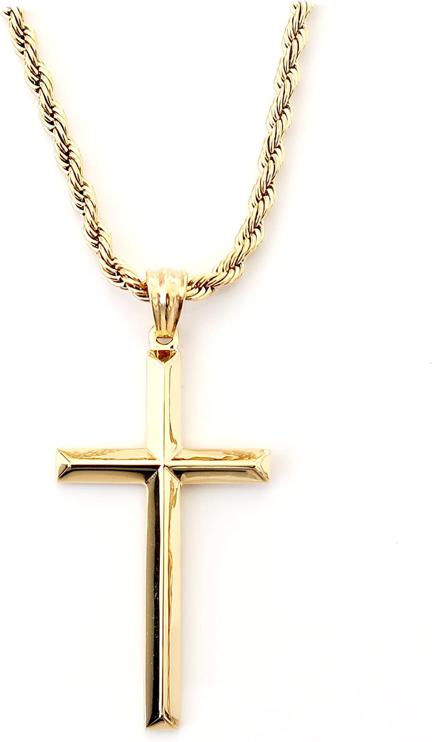 Beveled Cross Necklace – 3mm Rope Chain – 24K Gold