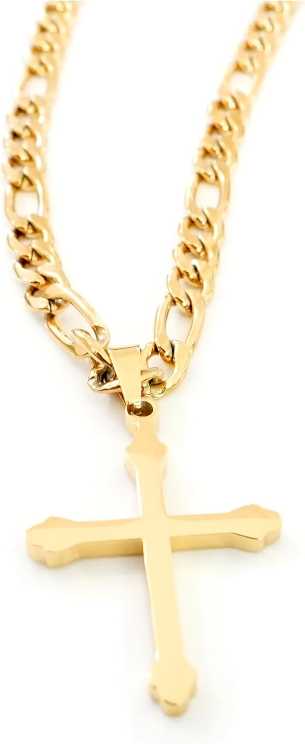 Budded Cross Necklace – 5mm Figaro Chain – 24K Gold
