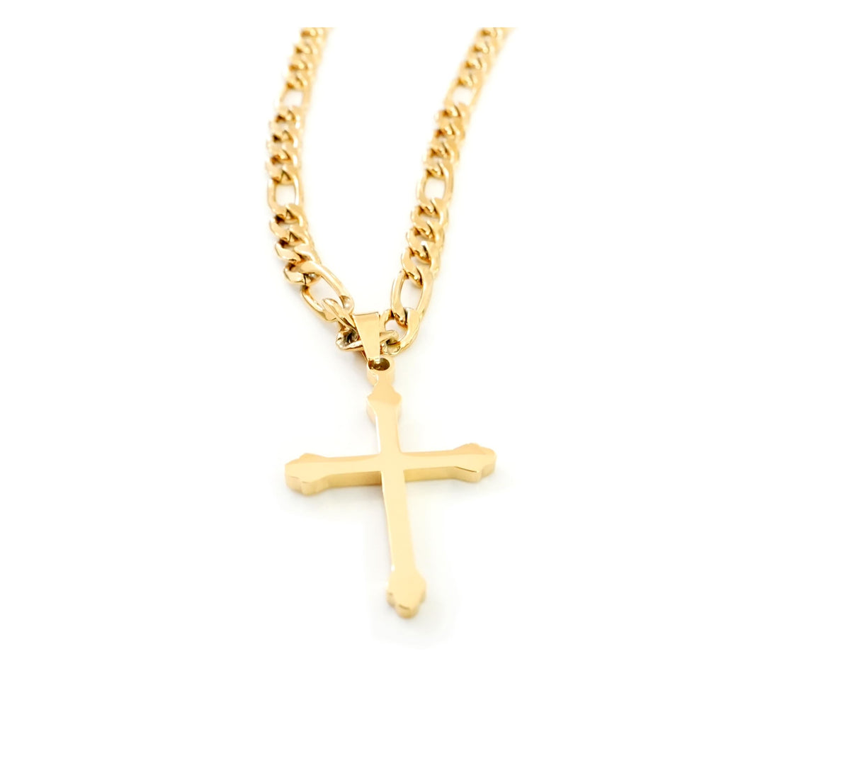 Small Budded Cross Necklace – 5mm Figaro Chain – 14K Gold