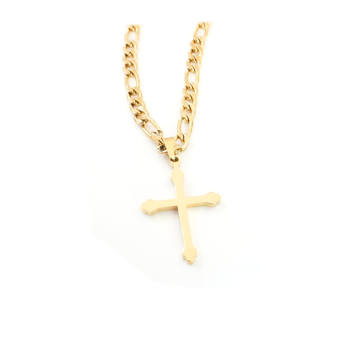 Small Budded Cross Necklace – 5mm Figaro Chain – 18K Gold