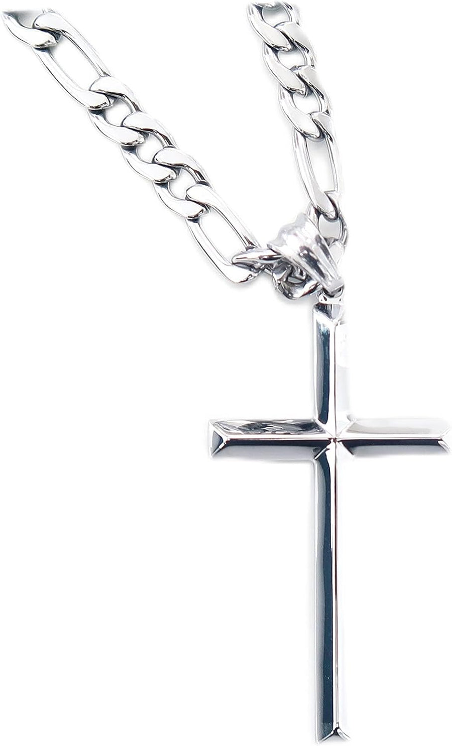 Beveled Cross Necklace – Figaro or Cuban Chain – 14K White Gold
